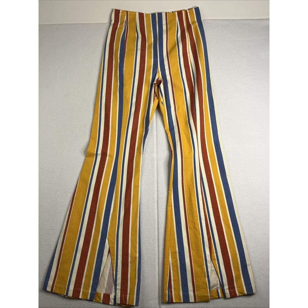 Free People Real Deal Slit Pants Med Size 30x32 Yellow Striped Hippy Flared Bell